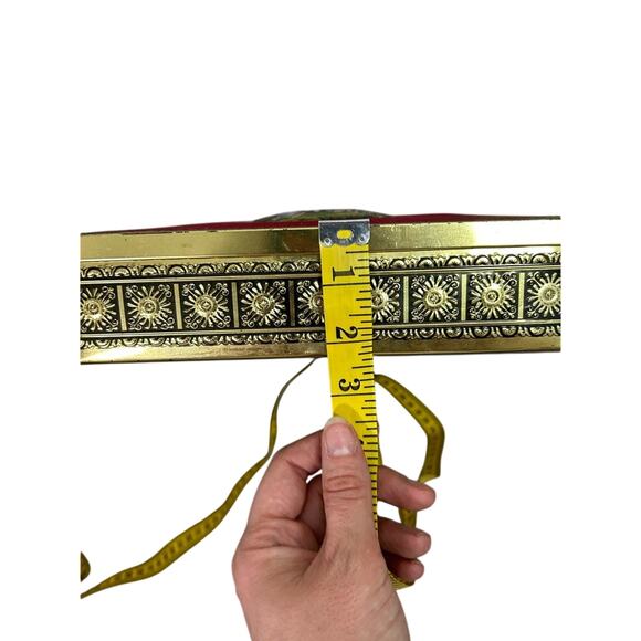 Vtg West Germany velvet embossed tin box gold tone red Colonial- 9x9x2.5 in - Picture 3 of 11